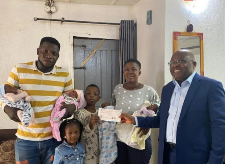 If All Billionaires Were Like Femi Otedola…FOF Gifts Parents of Quadruplets N5million, Offers Scholarship To Their Two Kids