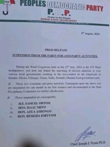 JUST IN: PDP Suspend Ex-Benue Governor, Samuel Ortom, Three Others Over Election Materials Snatching