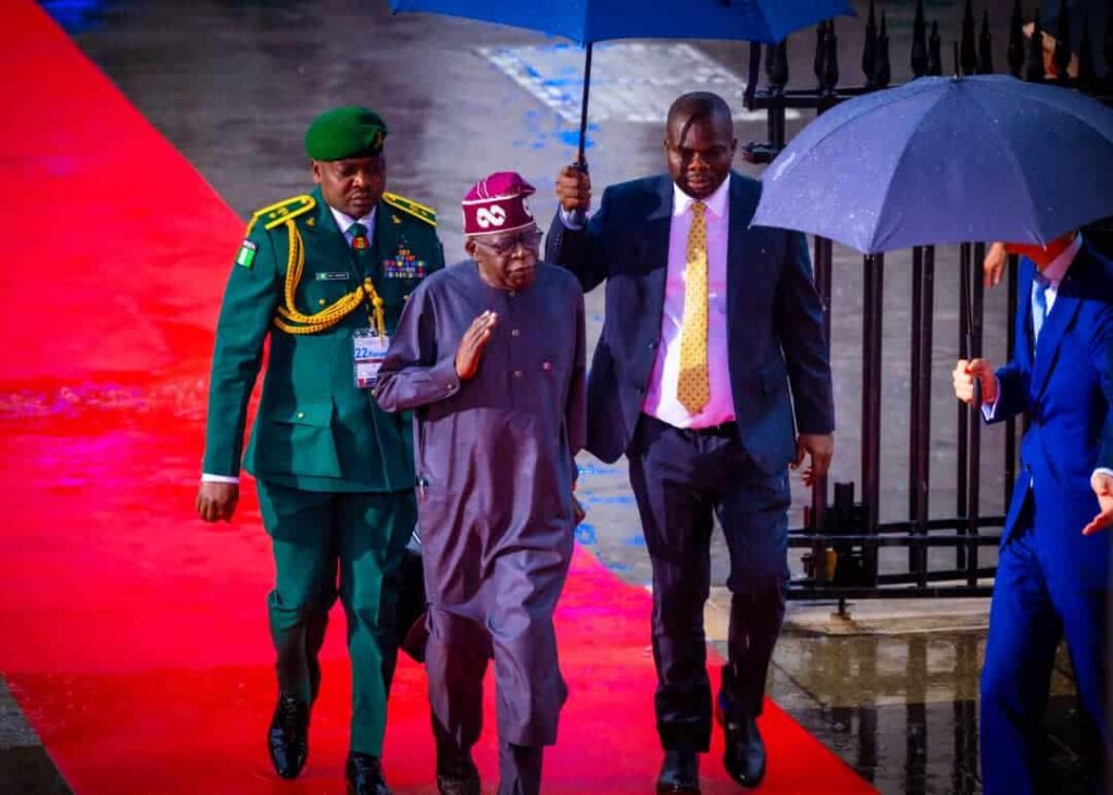 L-R: Tinubu's Aide-De-Camp, Lt Colonel Nurudeen Yusuf; President Bola Ahmed Tinubu; Tinubu’s CSO, Adegboyega Fasasi